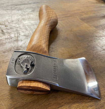 Razorback Handcrafted Hatchet 25cm spotted gum handle including leather cover #1832  AVAILABLE IMMEDIATELY