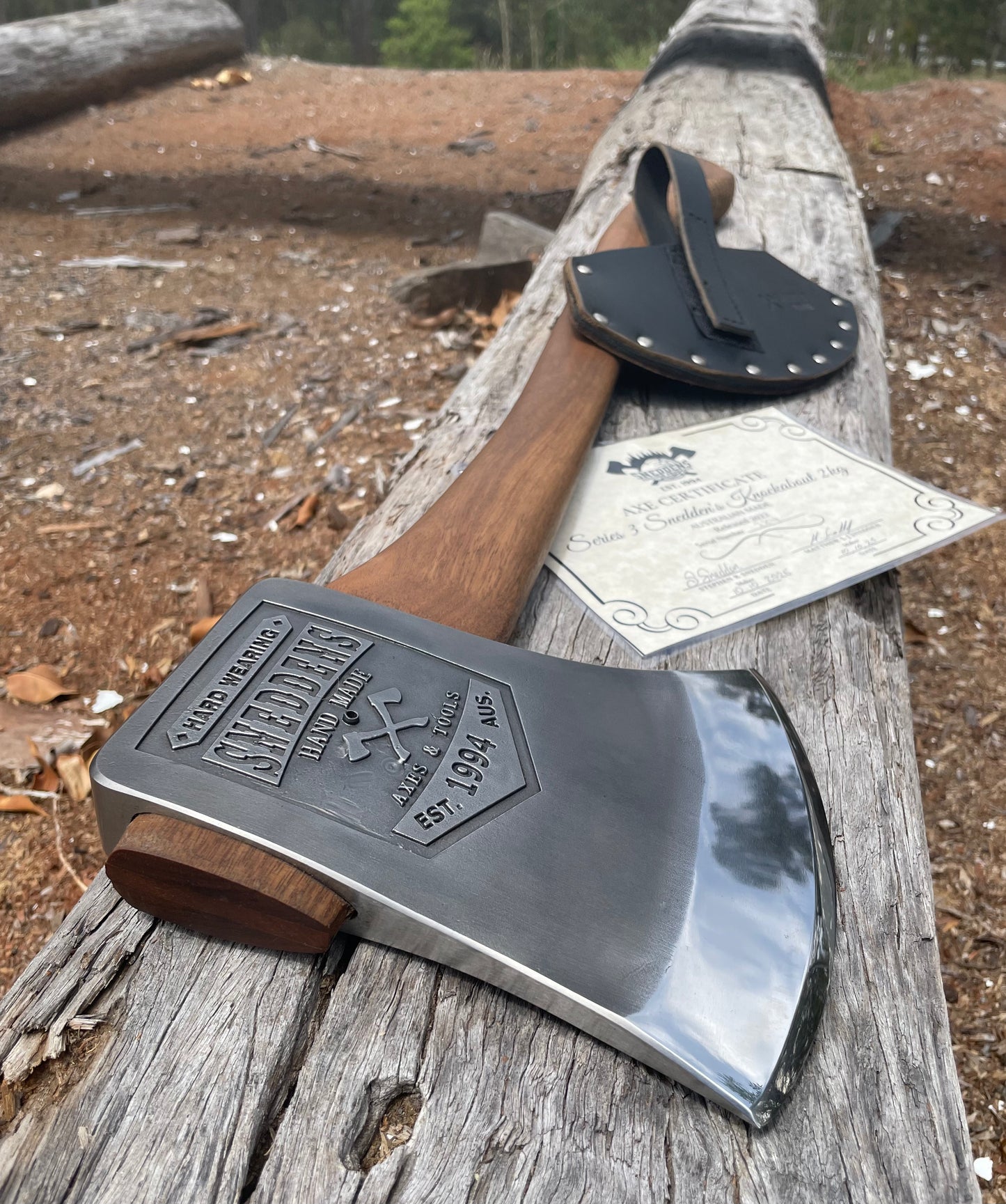 Series 3 Knockabout Axe with 700mm spotted gum handle 2.1kg. including leather cover
