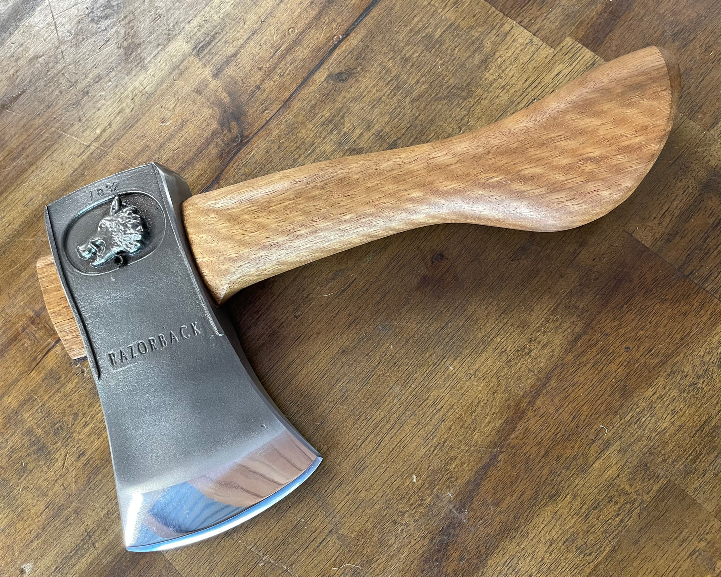 Razorback Handcrafted Hatchet 25cm spotted gum handle including leather cover #1832  AVAILABLE IMMEDIATELY