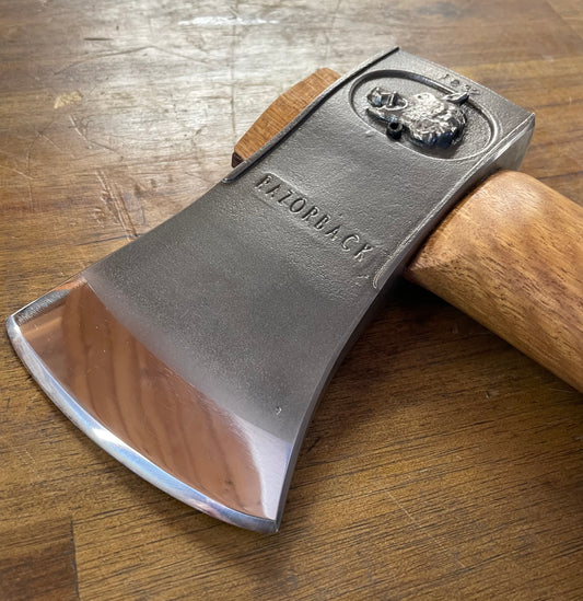 Razorback Handcrafted Hatchet 25cm spotted gum handle including leather cover #1832  AVAILABLE IMMEDIATELY